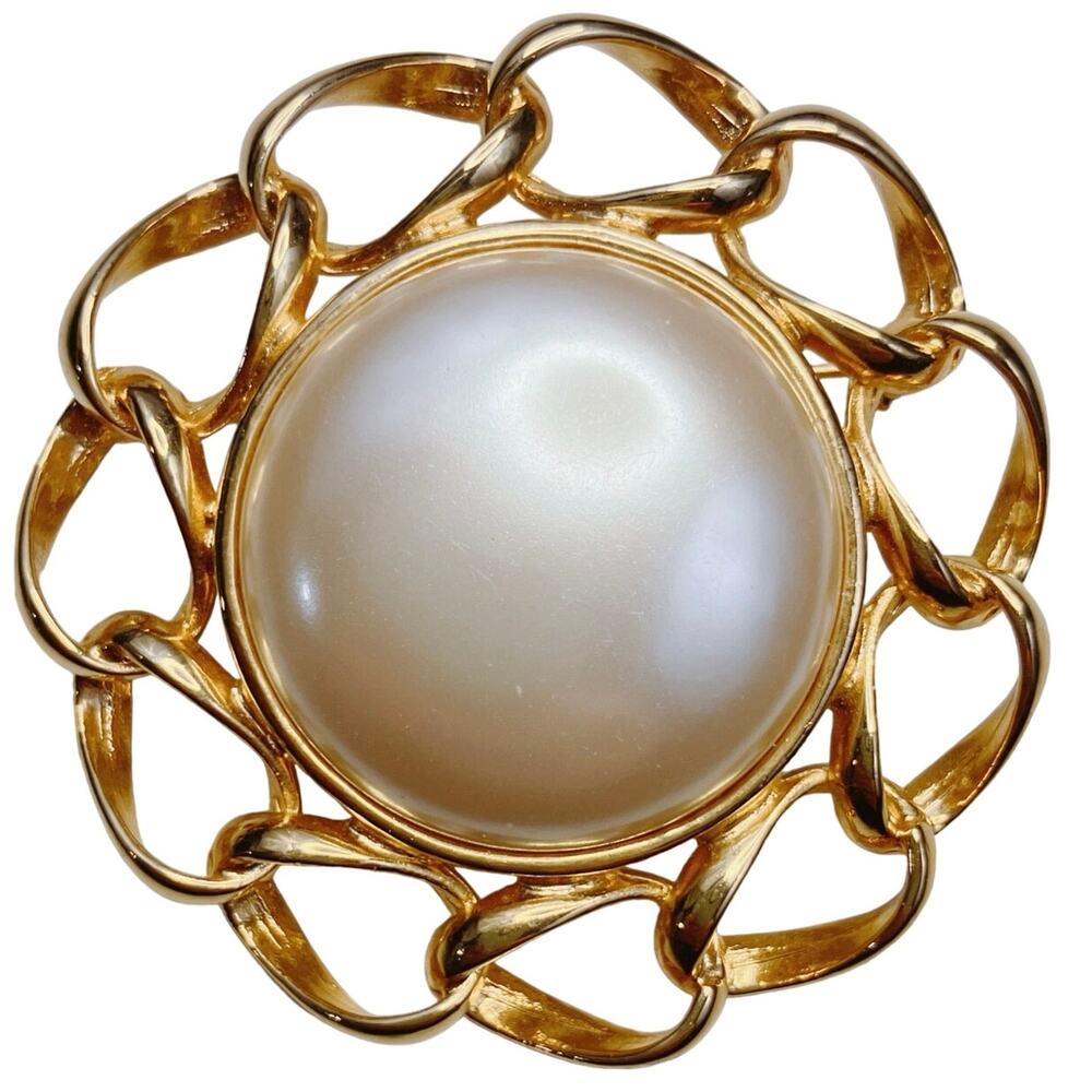 VTG Signed Marvella Brooch Big Faux Pearl, Mid Century Statement Pin